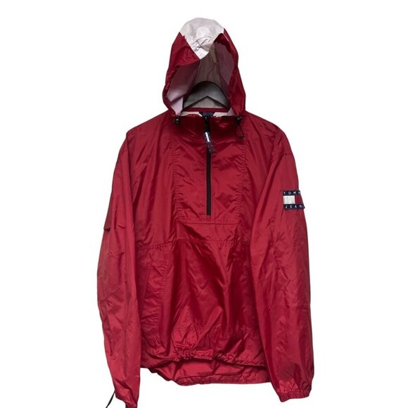 Vintage VTG Tommy Hilfiger Men's Red Hooded Pullover 1/4 Zip Jacket Size Large - Picture 1 of 11